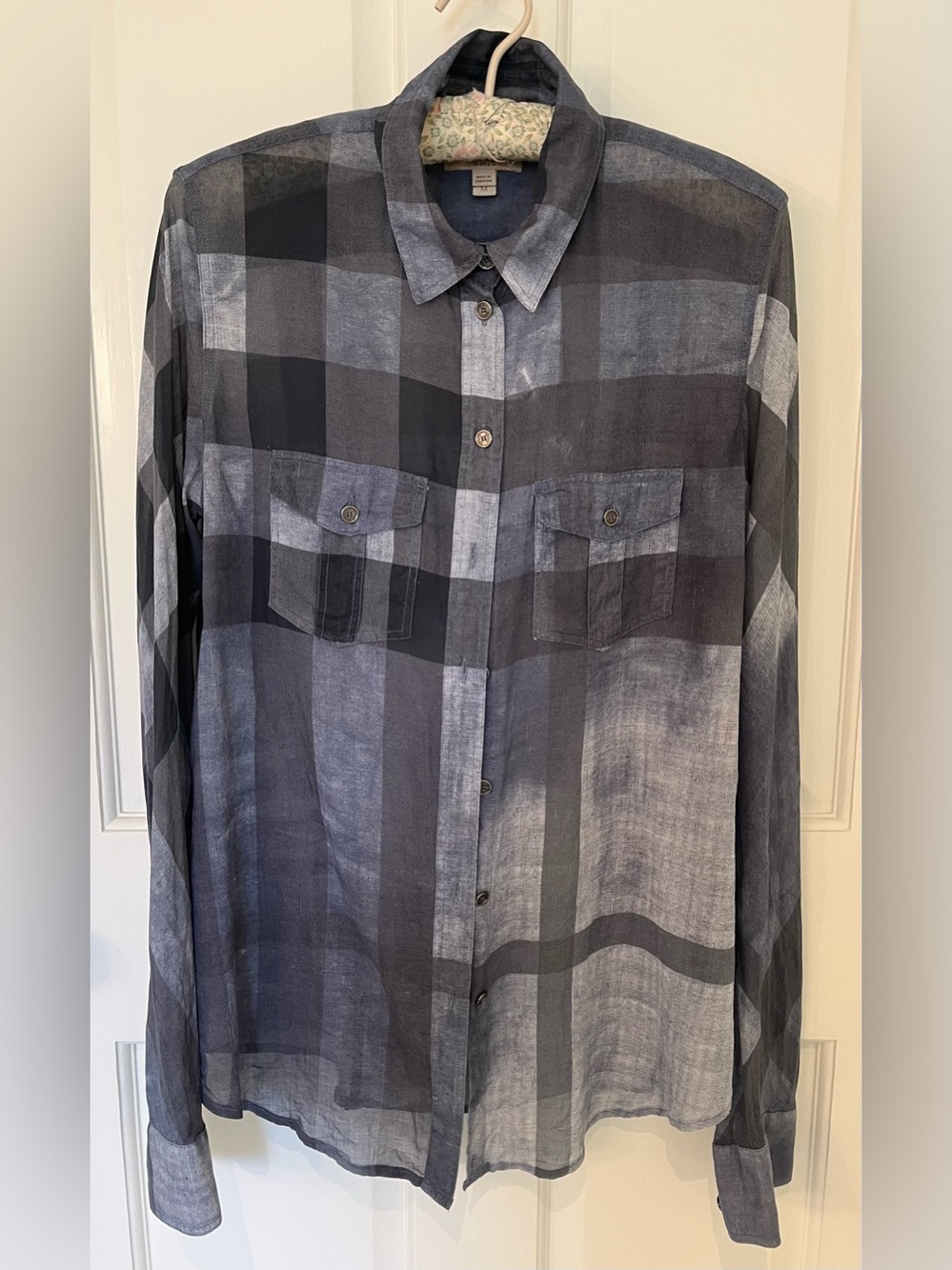 Burberry Brit blue fine cotton plaid button-down shirt. Repaired. Sz M